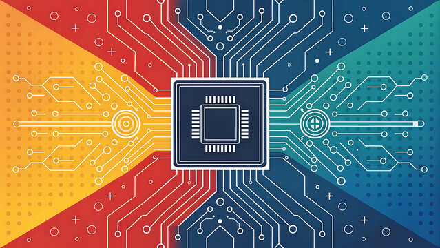Abstract digital circuit board background with central microchip processor and data lines