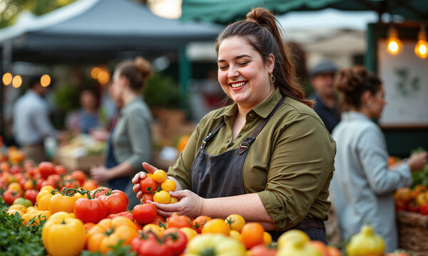 Tomatoes woman market shopper selects colorful fresh heirloom vegetables at a vibrant outdoor stall during a cheerful morning