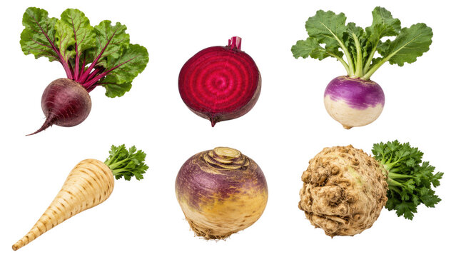 Assortment of fresh root vegetables including beets, beet cross‐section, turnip, parsnip, rutabaga and celeriac on transparent background
