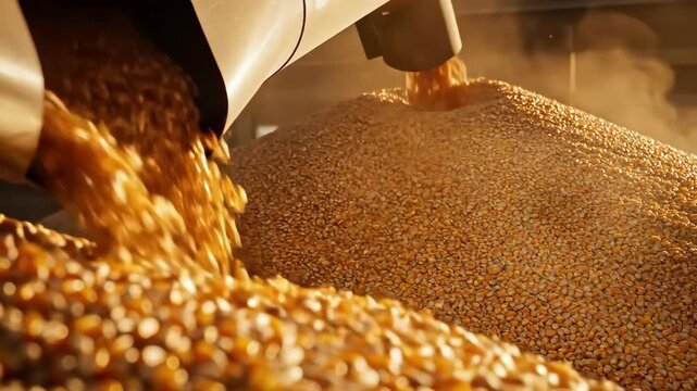 Harvested corn grains falling from combine harvester chute in cinematic golden sunset light.