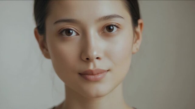 Person smiles softly while eyes are closed in a simple indoor setting