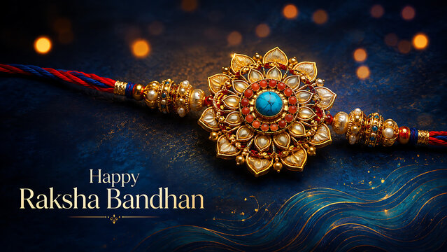 Elegant happy raksha bandhan wallpaper featuring a traditional gold rakhi decorated with beautiful pearls and a bright turquoise stone over dark blue
