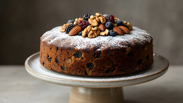 Traditional Christmas fruitcake with nuts and dried fruit