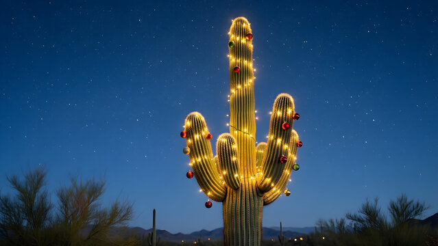 Desert Christmas cactus decorated beneath a starry sky