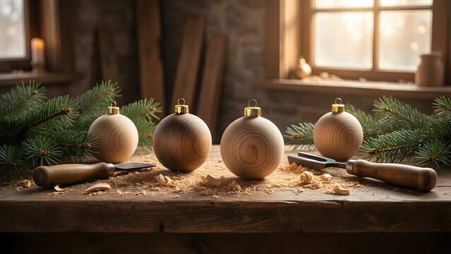 Christmas woodworking bench with handmade ornament tools