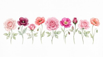 Obraz premium Watercolor roses and poppies row illustration isolated on white background