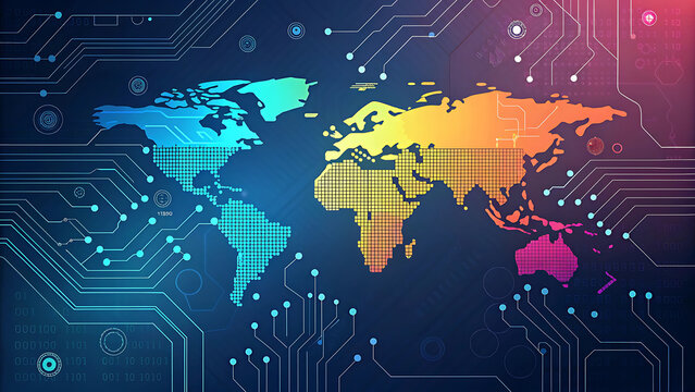 Global digital technology world map printed on circuit board