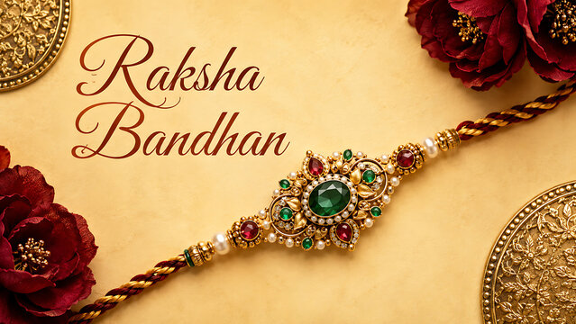 Gorgeous green gemstone rakhi decorated with beautiful red roses on textured background for celebrating happy raksha bandhan traditional hindu sibling festival event