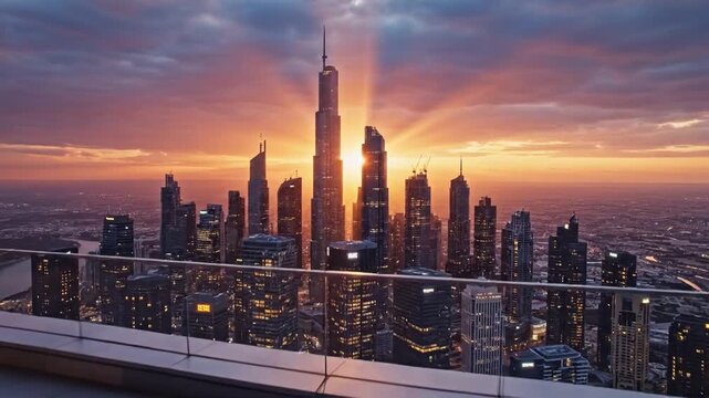 Sunrise Over Metropolis: The breathtaking panorama of a modern city skyline illuminated by the radiant hues of sunrise, with sunbeams piercing through the clouds.