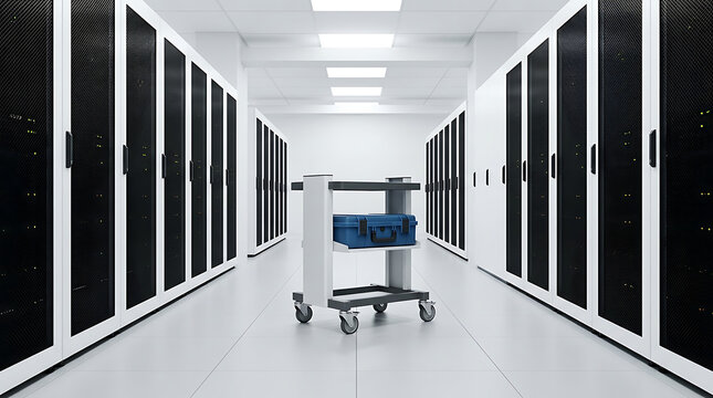 Bright clean white data center server room aisle with a maintenance utility cart parked in the middle datacenter technology computer hardware