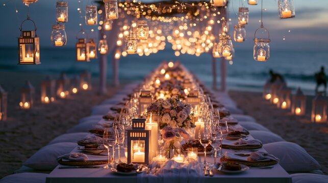 Elegant beach wedding dinner setup at twilight, candles glowing near the ocean, luxury tropical decor, cinematic romantic mood