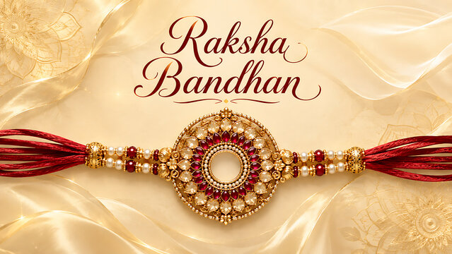 Beautiful golden rakhi with red stones resting gently upon smooth silk background to celebrate happy raksha bandhan festival of lovely sibling bond