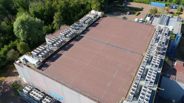 Aerial View of Andover Data Centre with Rows of Rooftop HVAC Ventilation and Cooling Units in the UK