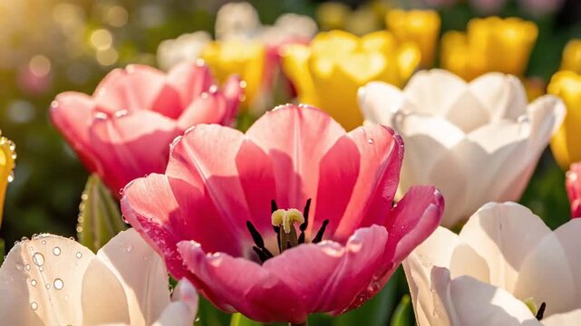 A Symphony of Tulips: A vibrant close-up showcases a bouquet of colorful tulips in full bloom, each petal glistening with dew drops, set against a soft, sun-drenched background.