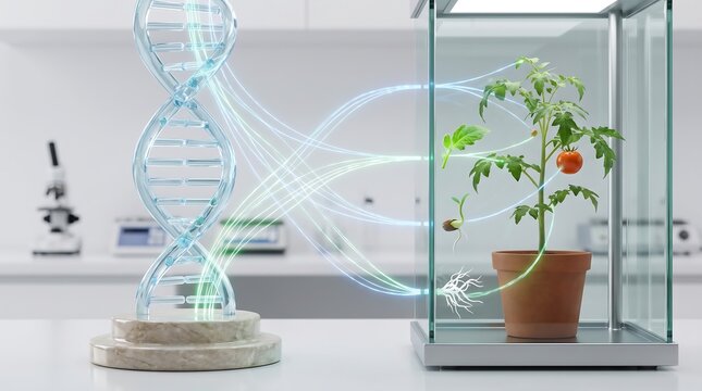 Genetic engineering and biotechnology concept with DNA helix and modified tomato plant in a lab
