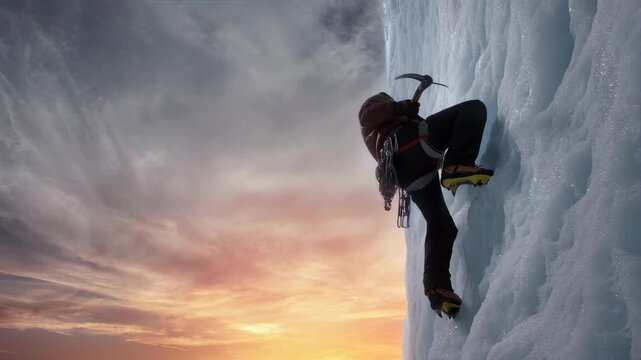Climber scaling icy cliff at sunrise with dramatic sky