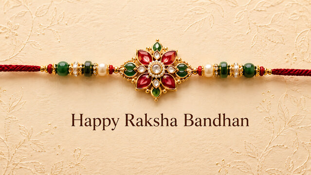 Classic floral stone rakhi on cream background for happy raksha bandhan celebrating traditional indian festival and the wonderful sibling bond of protection