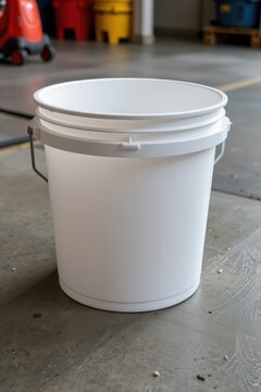 White plastic bucket with handle sits on concrete floor