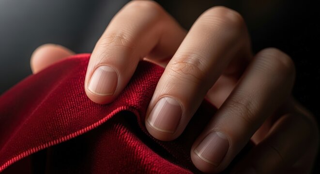 Close-up of hand holding fabric.