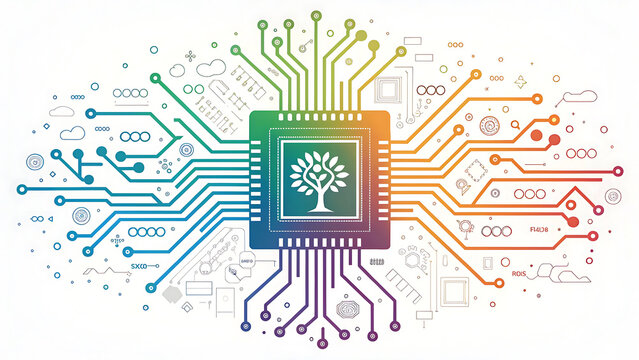 Colorful digital microchip processor with tree graphic concept
