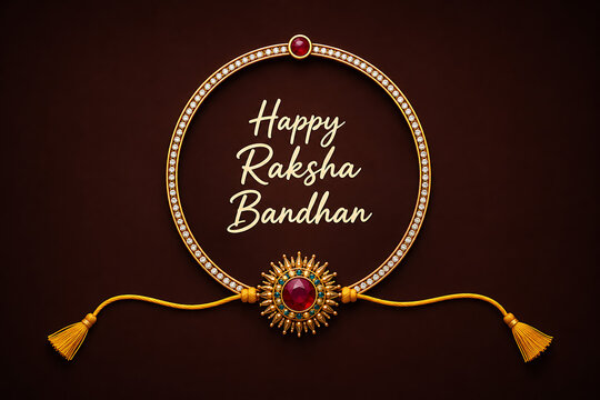 Traditional golden round rakhi on dark brown background for happy raksha bandhan highlighting the strong sibling bond of protection with deep respect