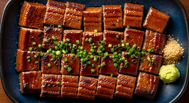 A beautifully presented platter of grilled eel, cut into bite-sized pieces and glazed with a savory sauce, garnished with fresh green onions, sesame seeds, and a dollop of wasabi.