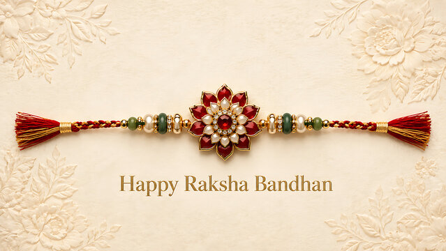 Exquisite red and pearl floral rakhi on textured cream background celebrating happy raksha bandhan displaying the beautiful sibling bond of protection perfectly