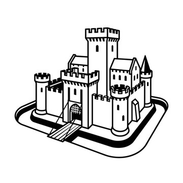Medieval Castle Fortress with Moat and Drawbridge.