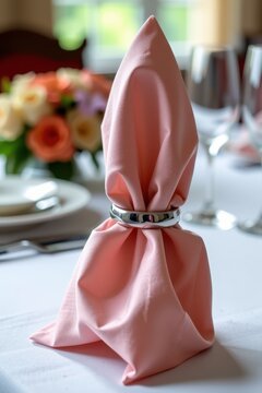 Soft pink napkin elegantly folded and secured with a silver ring