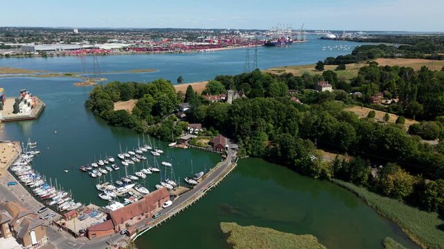 High Angle Aerial View of Yachts and Sailboats Moored in Historic Harbour in Eling UK
