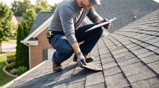 A roofer inspects asphalt shingles on a sloped residential roof, holding a clipboard and pen to assess the condition and make notes for a potential repair.