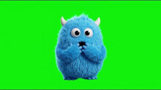 Cute Blue Furry Monster Character Standing Surprised on Chroma Key Green Screen Background 3D Animation.