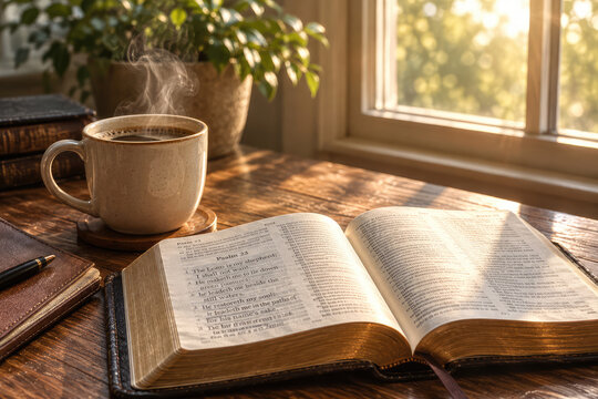 Psalm 23 Bible Reading with Coffee in Peaceful Morning Sunlight