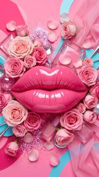 Glossy Pink Lips Surrounded by Roses and Makeup, Vibrant Beauty Background for Cosmetics, Lip Care, Fashion, Glamour and Valentine Marketing
