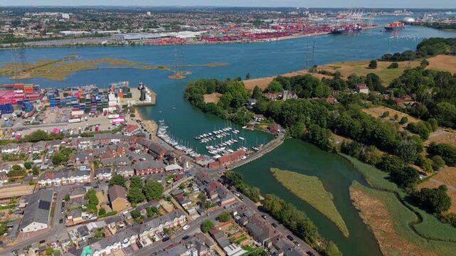 High Angle Aerial View of Yachts and Sailboats Moored in Historic Harbour in Eling UK