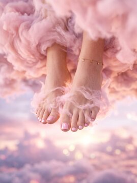 of depth focus sharp quality high detailed Girl posing with feet dangling from fluffy white clouds in a blue sky