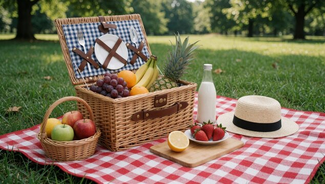 Picnic basket set red white checkered blanket park made wicker has blue checkerel pattern lid inside there var