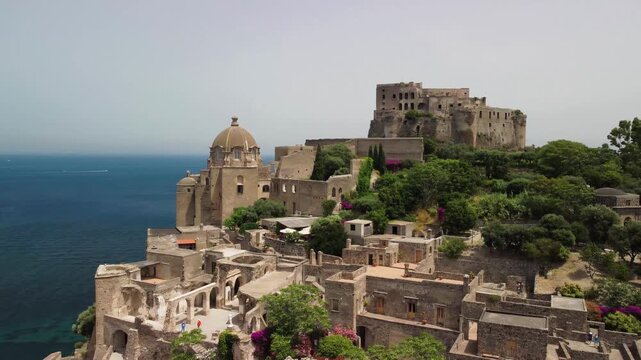 High altitude drone capture of Aragonese Castle in Ischia