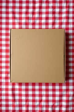 Brown pizza box rests on red and white checkered cloth