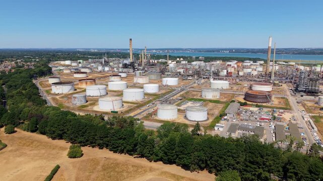 Aerial View of Sprawling Natural Gas and Oil Refinery Facility on South Coast of the UK