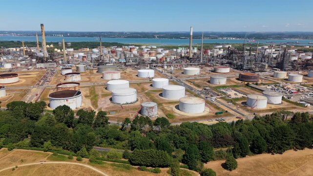 Aerial View of Sprawling Natural Gas and Oil Refinery Facility on South Coast of the UK