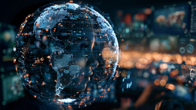 Global economic outlook digital globe technology finance data network face Global economic outlook surrounds digital globe and thoughtful face with finance data network lights suggesting market