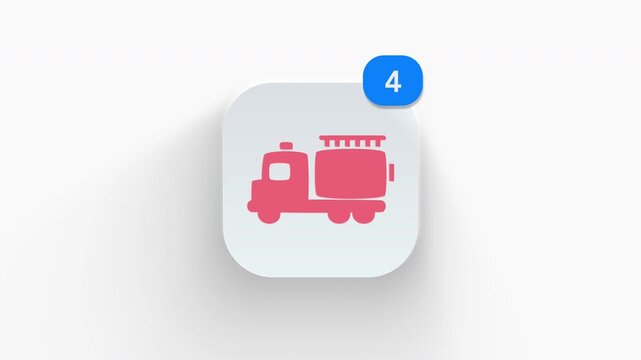 3D animated firefighter engine truck car icon for emergency fire response, rescue service, and safety app.
