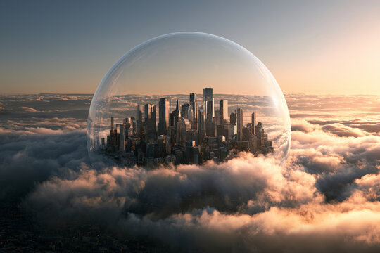 City skyline dome cloud sunrise urban futuristic global economic outlook city skyline under transparent dome above cloud at sunrise suggests protected urban future and global economic outlook