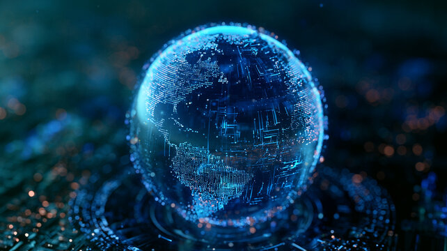 Global economic outlook digital globe data network, glowing blue sphere over abstract circuit city scene showing connected future finance technology trend