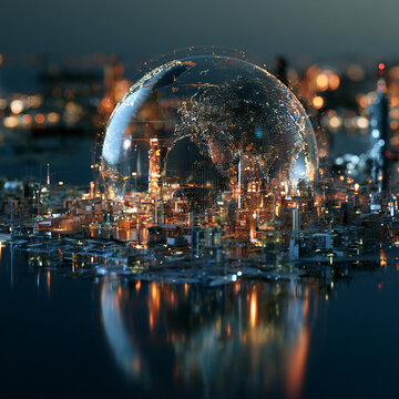 Global economic outlook city globe network skyline data finance technology global economic outlook scene over illuminated city skyline with globe network and data lights suggesting finance