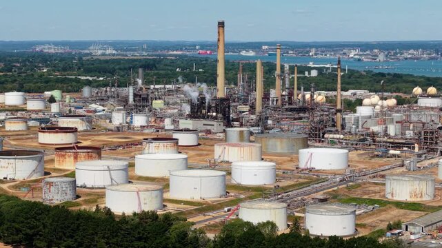 High Angle Aerial Perspective of Industrial Petrochemical Refinery and Fuel Depot Infrastructure on south coast of the UK