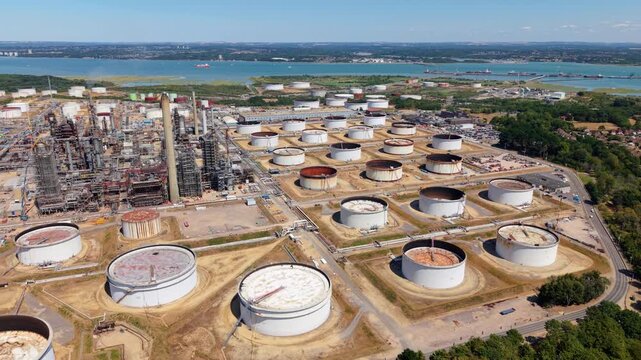 Aerial View of Oil and Gas Storage Silos at Large Petrochemical Refinery on UK South Coast