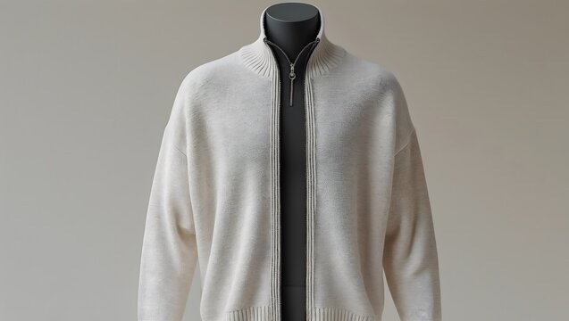 White Knit Zip Up Cardigan Sweater on Dark Mannequin