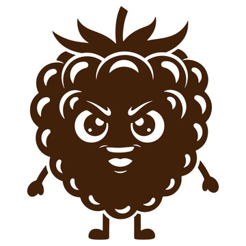 Brown cartoon raspberry fruit character with an angry face, arms, and legs, isolated on a white background, berry mascot